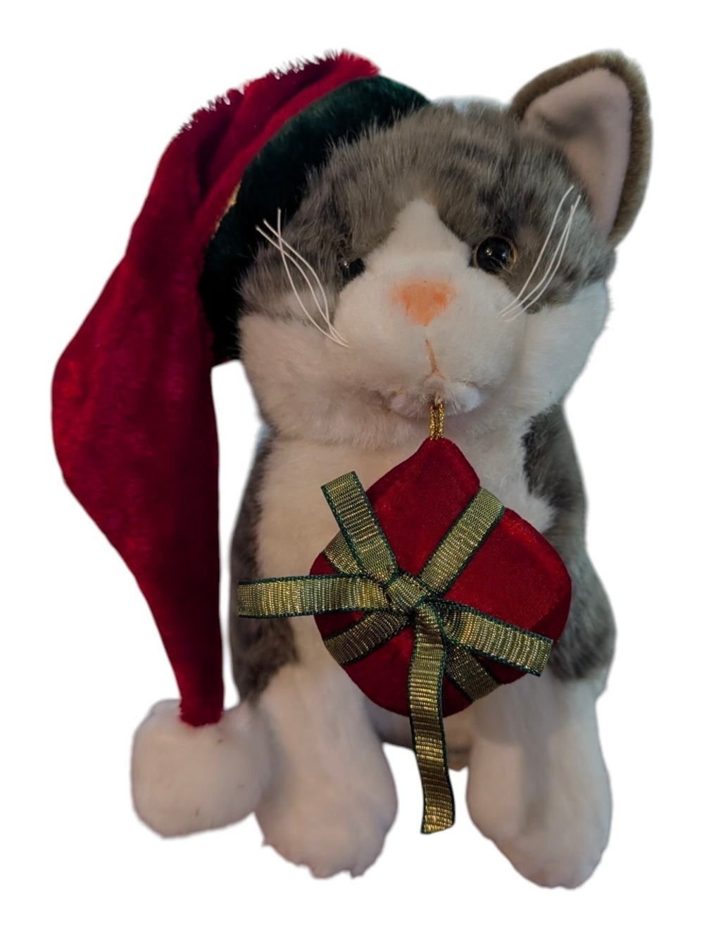 Plush Holiday Cat Toy in Red and Gray with Gift Ornament - Dan Dee